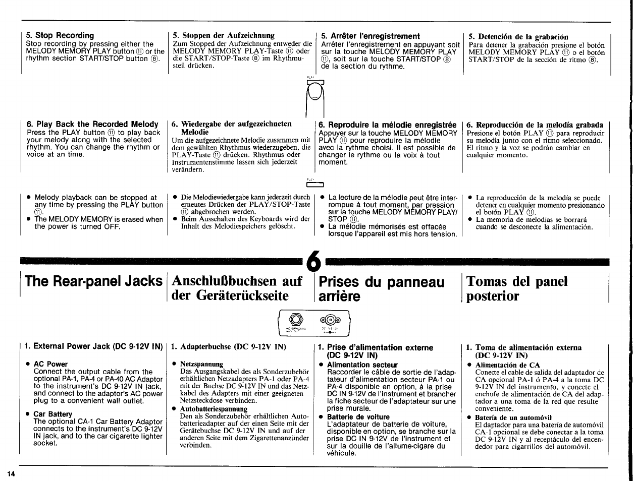 Stop recording, Play back the recorded melody, Arrêter tenregistrement | Reproduire la mélodie enregistrée, External power jack (dc 9-12v in), Ac power, Anschlußbuchsen auf der geräterückseite, Prises du panneau arrière, Prise d’alimentation externe (dc 9-12v in), Anschlußbuchsen an der geräterück | Yamaha PSR-6 User Manual | Page 16 / 20