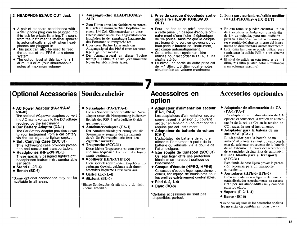 Optional accessories, Sonderzubehör, Accessoires en option | Accesorios opcionales | Yamaha PSR-6 User Manual | Page 17 / 20