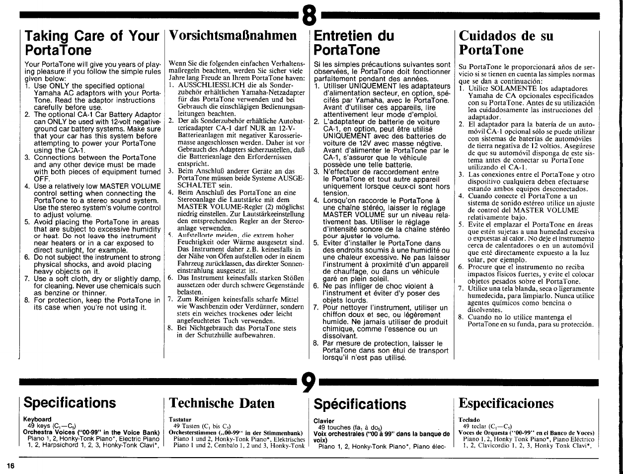 Taking care of your porlatone, V orsichtsmaßnahmen, Entretien du portatone | Cuidados de su portatone, Specifications, Technische daten, Spécifications, Especificaciones, Taking care of your portatone, Cuidados de su portatone 9. especificaciones | Yamaha PSR-6 User Manual | Page 18 / 20