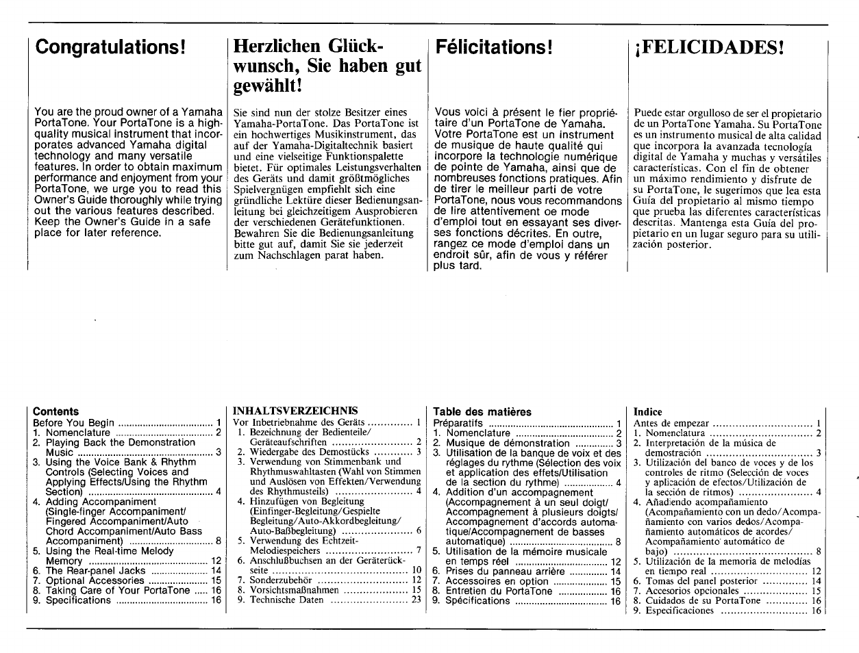 Herzlichen glückwunsch, sie haben gut gewählt, Felicidades, Félicitations | Herzlichen glück­ wunsch, sie haben gut gewählt | Yamaha PSR-6 User Manual | Page 2 / 20