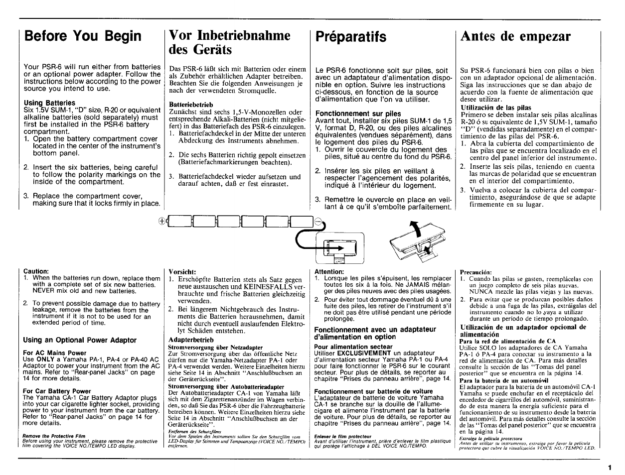 Before you begin, Using batteries, Vor inbetriebnahme des geräts | Using an optional power adaptor for ac mains power, Fonctionnement sur piles, Antes de empezar, Préparatifs | Yamaha PSR-6 User Manual | Page 3 / 20