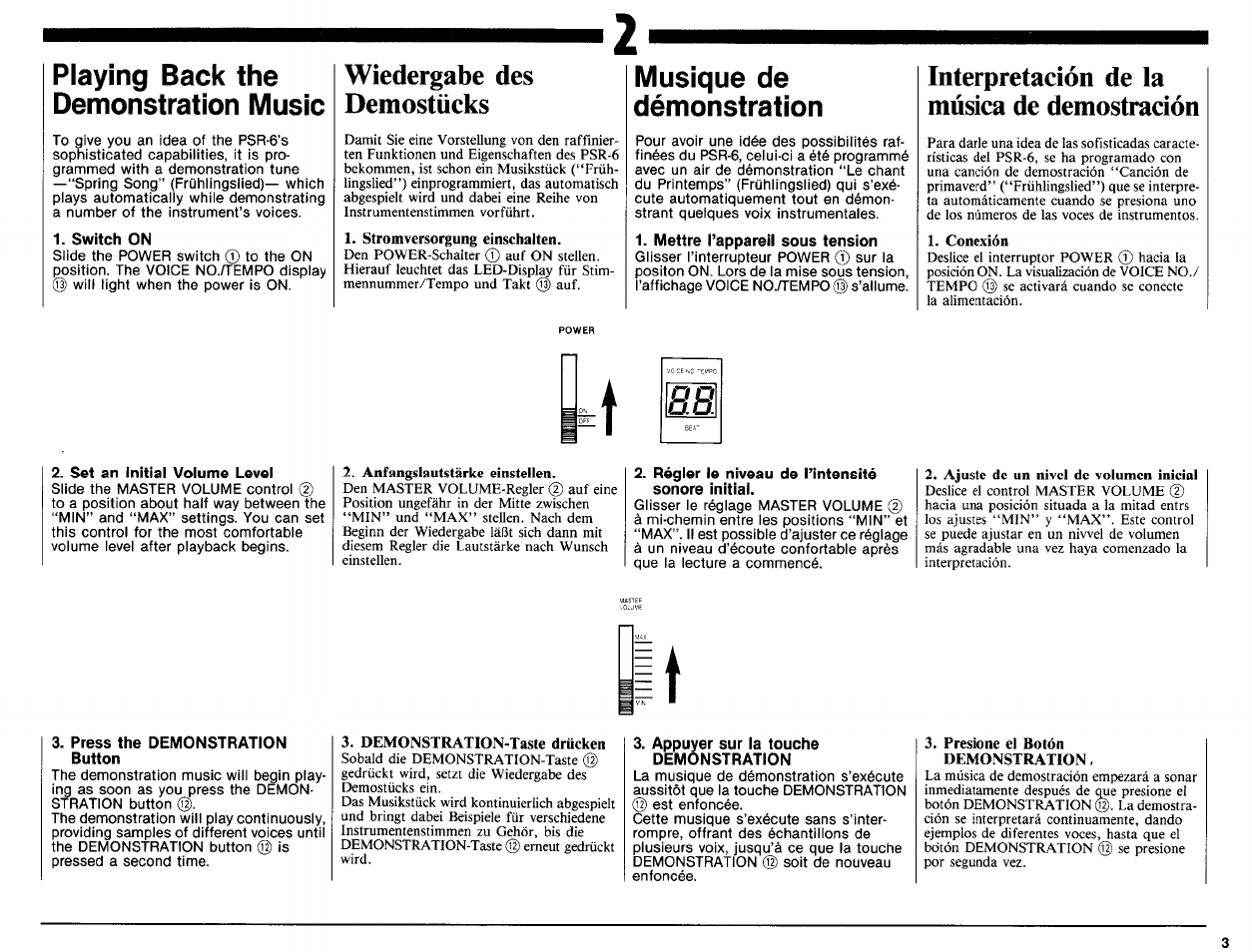 Playing back the demonstration music, Switch on, Wiedergabe des demostücks | Stromversorgung einschalten, Musique de démonstration, Mettre l’appareil sous tension, Interpretación de la música de demostración, Conexión, Set an initial volume level, Anfangslautstärke einstellen | Yamaha PSR-6 User Manual | Page 5 / 20
