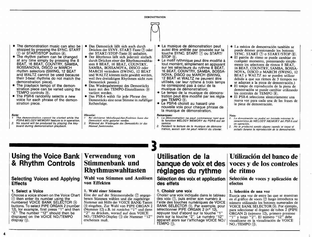 Using the voice bank & rhythm controis, Selecting voices and applying effects, Select a voice | Wahl von stimmen und auslösen von effekten, Sélection des voix et application des effets, Choisir une voix, Selección de voces y aplicación de efectos, Verwendung von stimmenbank und rhythmuswahltasten | Yamaha PSR-6 User Manual | Page 6 / 20