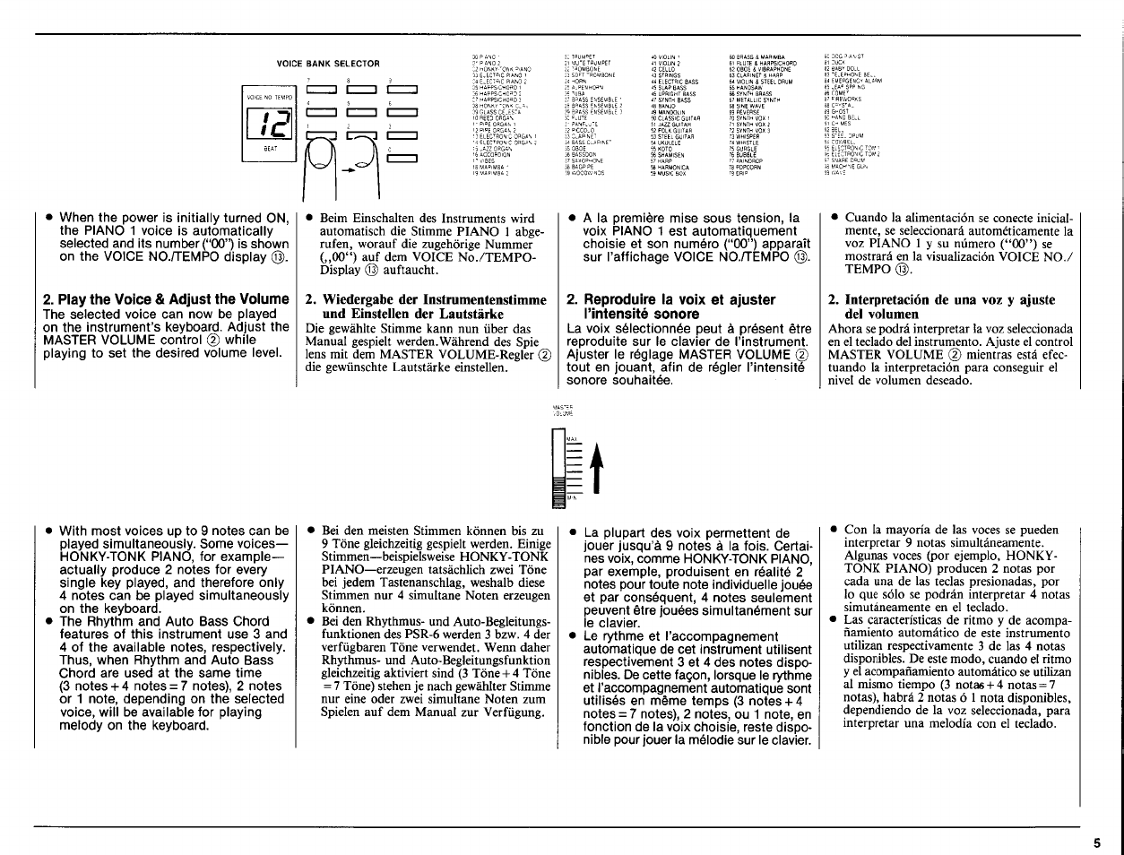 Play the voice & adjust the volume, Reproduire la voix et ajuster l’intensité sonore, Interpretación de una voz y ajuste del volumen | While playing to set the desired volume level, Apps, 22 -trombone, 2e ^иза, 62 baby oou | Yamaha PSR-6 User Manual | Page 7 / 20