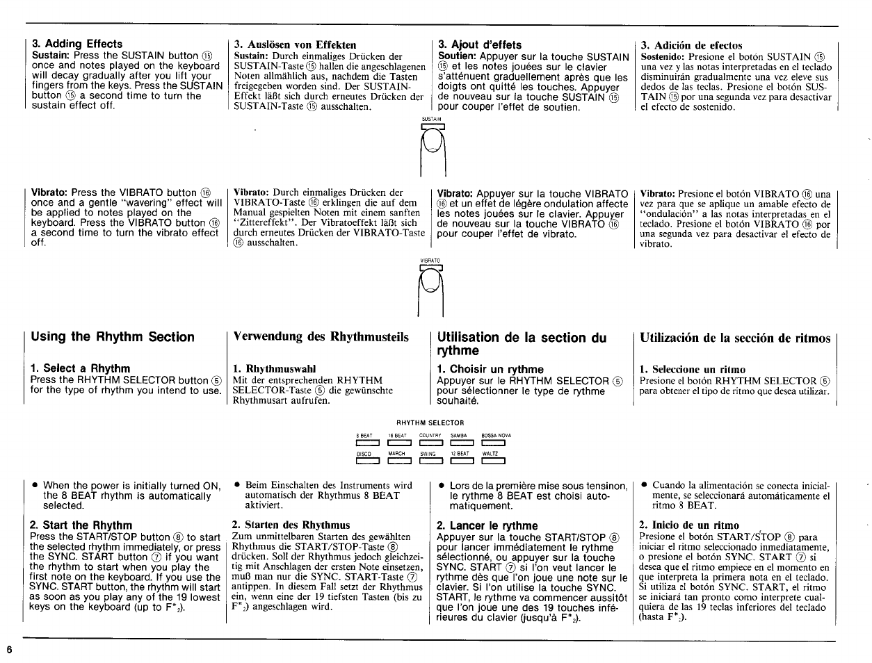 Adding effects, Ajout d’effets, Using the rhythm section | Select a rhythm, Verwendung des rhythmusteils, Utilisation de la section du rythme, Choisir un rythme, Utilización de la sección de ritmos, Start the rhythm, Lancer le rythme | Yamaha PSR-6 User Manual | Page 8 / 20