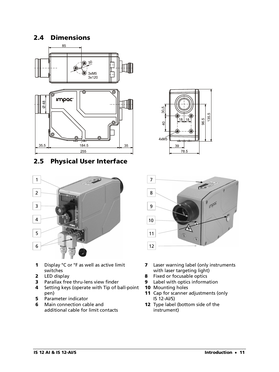 4 dimensions, 5 physical user interface, 4 dimensions 2.5 physical user interface | LumaSense Technologies IS 12-Al/S User Manual | Page 11 / 38