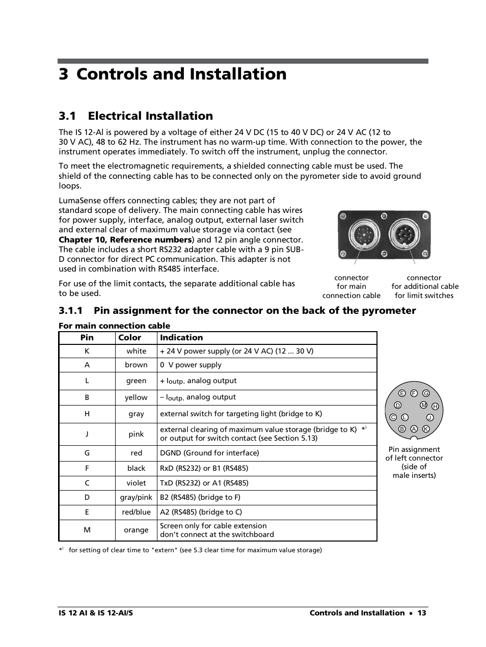 3 controls and installation, 1 electrical installation, For main connection cable | LumaSense Technologies IS 12-Al/S User Manual | Page 13 / 38