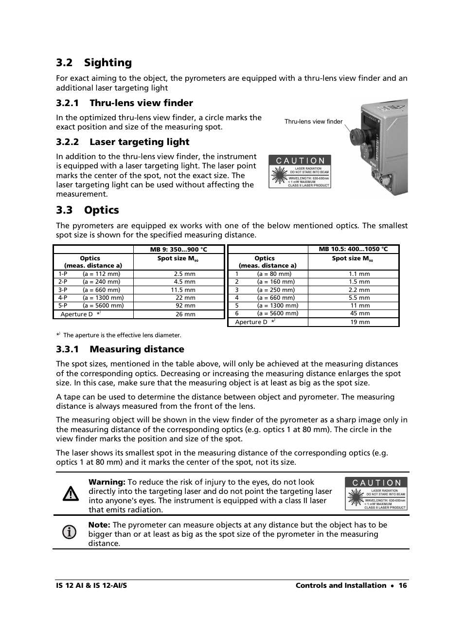 2 sighting, 1 thru-lens view finder, 2 laser targeting light | 3 optics, 1 measuring distance | LumaSense Technologies IS 12-Al/S User Manual | Page 16 / 38