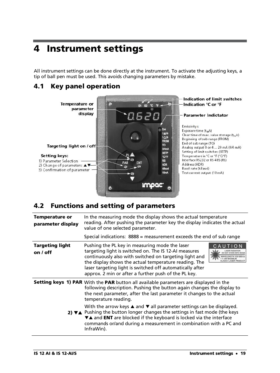 4 instrument settings, 1 key panel operation, 2 functions and setting of parameters | LumaSense Technologies IS 12-Al/S User Manual | Page 19 / 38