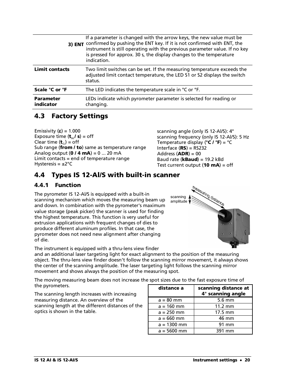 3 factory settings, 4 types is 12-al/s with built-in scanner, 1 function | LumaSense Technologies IS 12-Al/S User Manual | Page 20 / 38