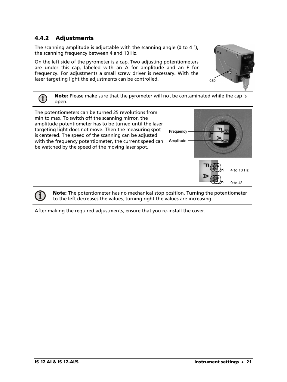 2 adjustments | LumaSense Technologies IS 12-Al/S User Manual | Page 21 / 38