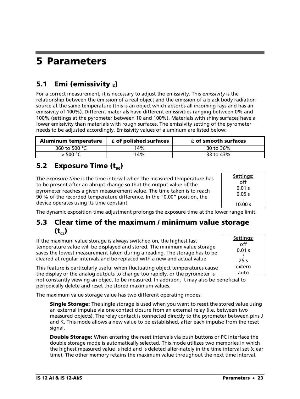 5 parameters, 1 emi (emissivity ), 2 exposure time (t90) | 1 emi (emissivity ), 2 exposure time (t | LumaSense Technologies IS 12-Al/S User Manual | Page 23 / 38