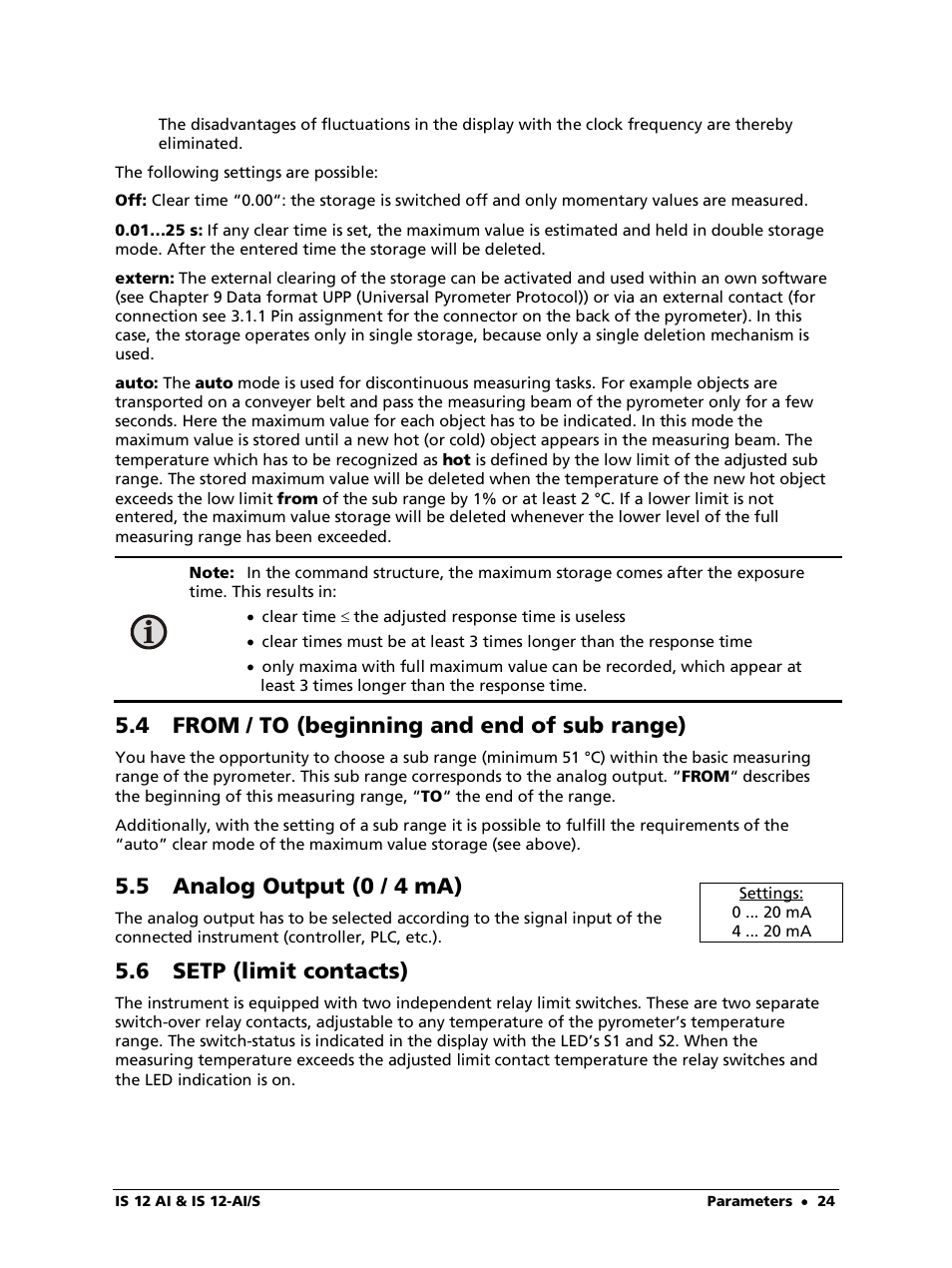 4 from / to (beginning and end of sub range), 5 analog output (0 / 4 ma), 6 setp (limit contacts) | LumaSense Technologies IS 12-Al/S User Manual | Page 24 / 38