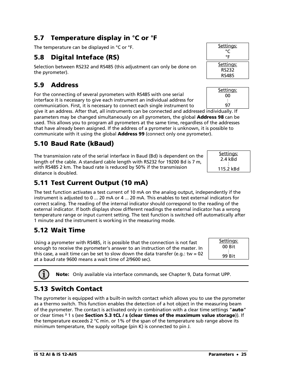 7 temperature display in °c or °f, 8 digital inteface (rs), 9 address | 10 baud rate (kbaud), 11 test current output (10 ma), 12 wait time, 13 switch contact | LumaSense Technologies IS 12-Al/S User Manual | Page 25 / 38