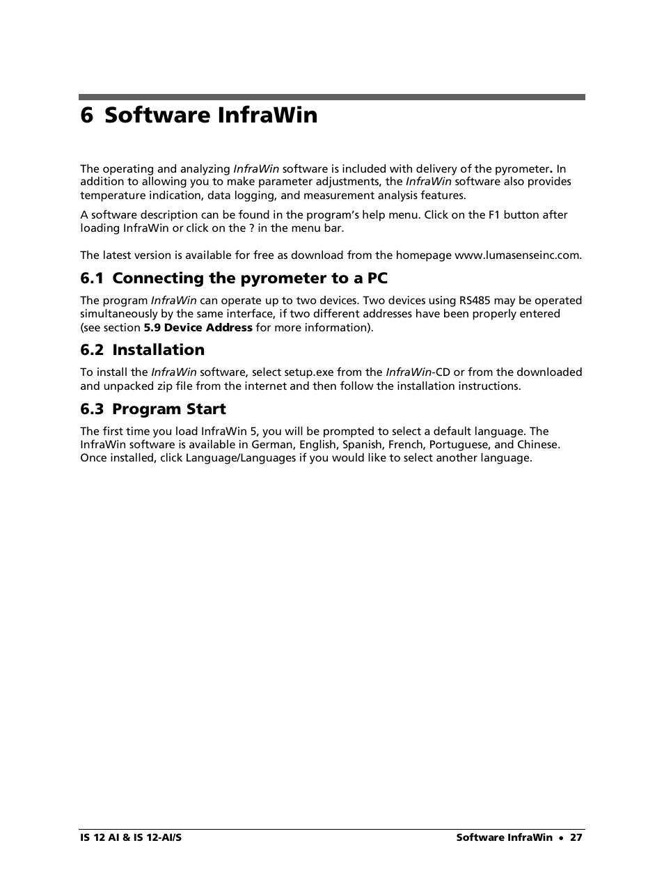 6 software infrawin, 1 connecting the pyrometer to a pc, 2 installation | 3 program start | LumaSense Technologies IS 12-Al/S User Manual | Page 27 / 38