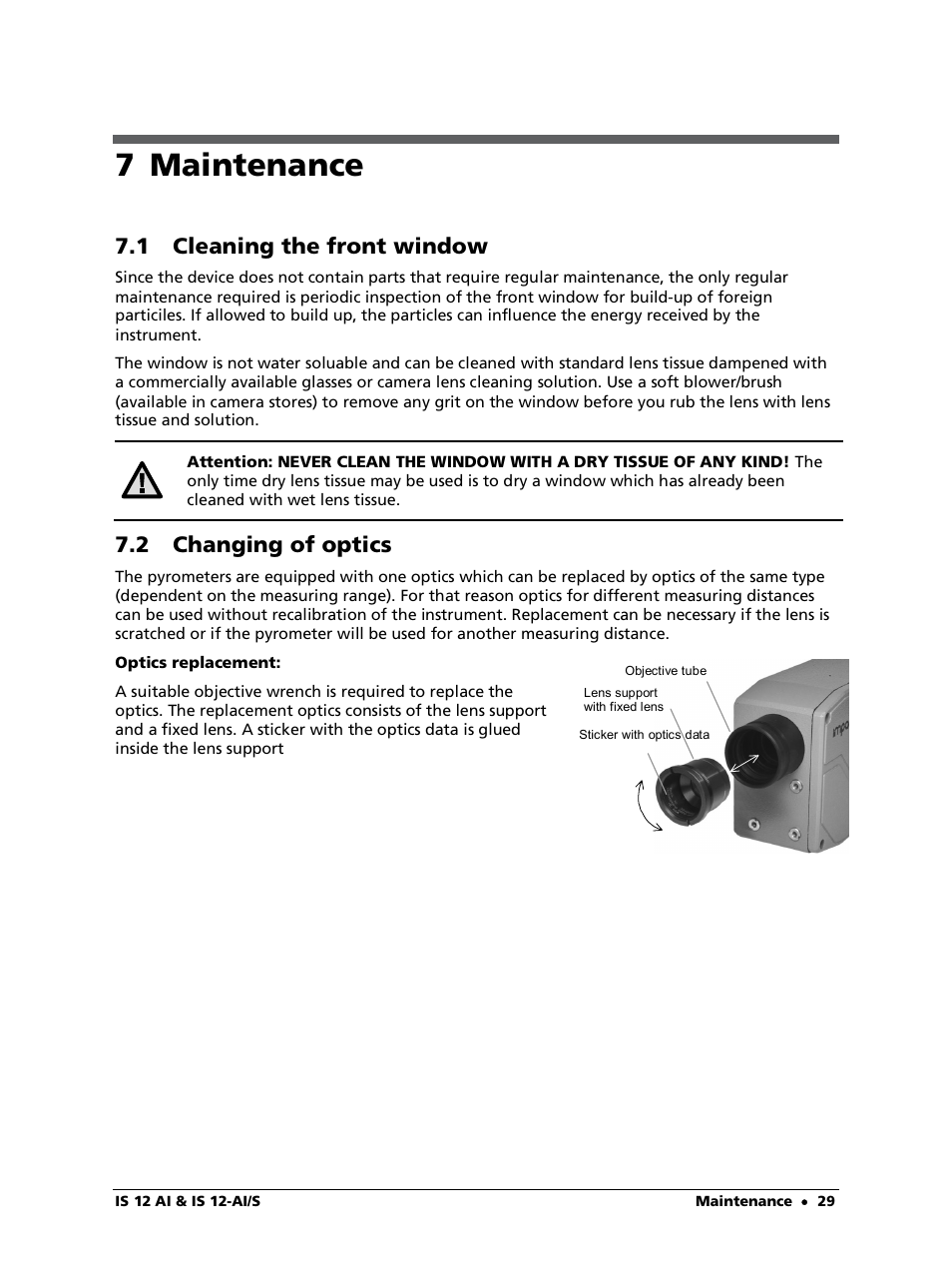 7 maintenance, 2 changing of optics, 1 cleaning the front window | LumaSense Technologies IS 12-Al/S User Manual | Page 29 / 38