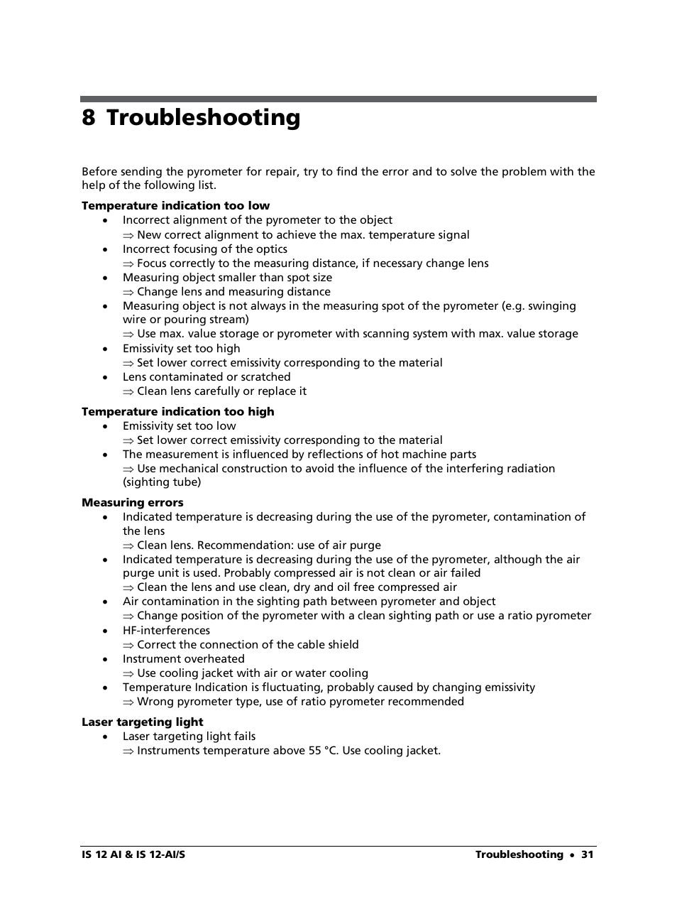 8 troubleshooting | LumaSense Technologies IS 12-Al/S User Manual | Page 31 / 38