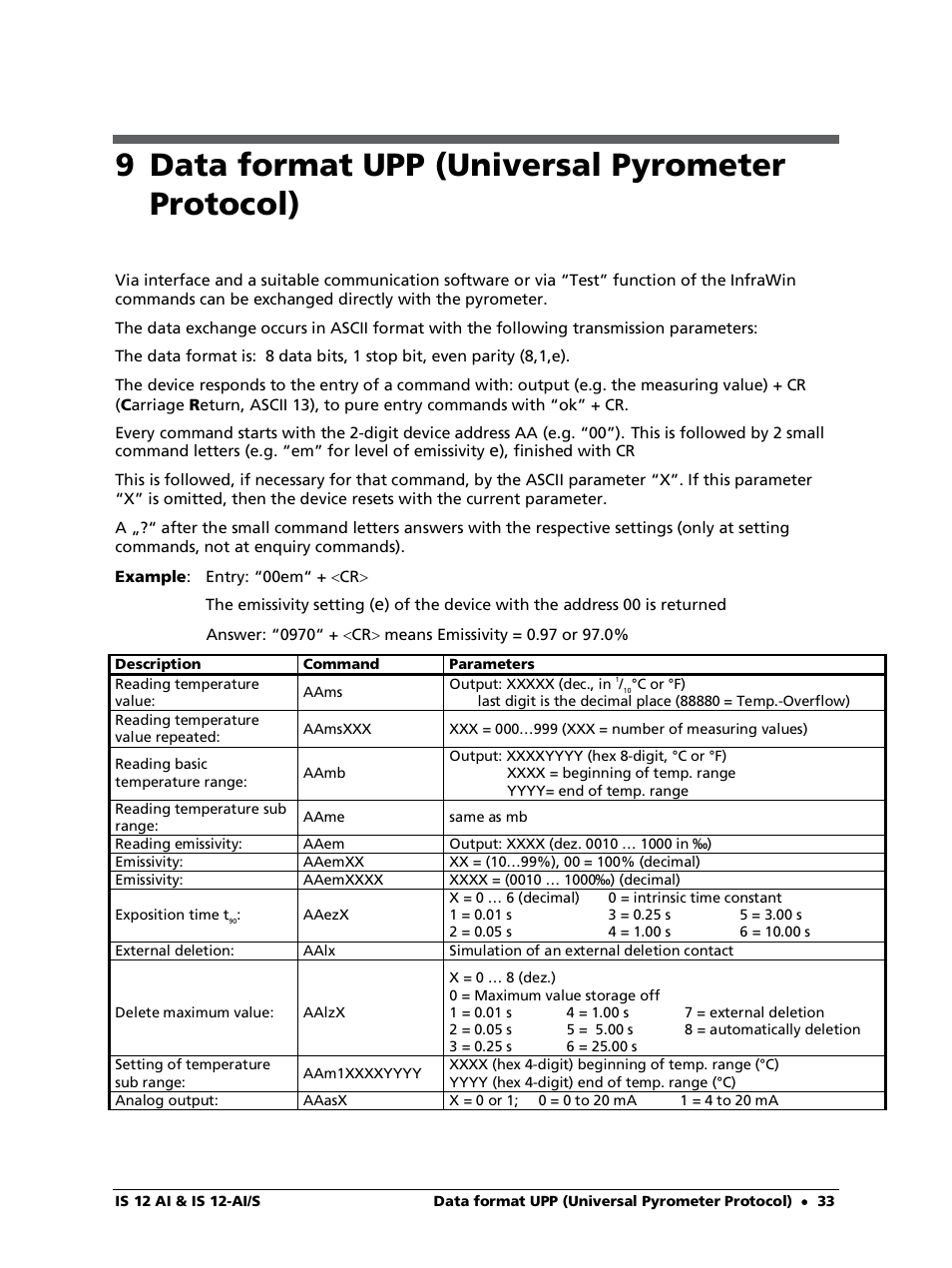 9 data format upp (universal pyrometer protocol) | LumaSense Technologies IS 12-Al/S User Manual | Page 33 / 38