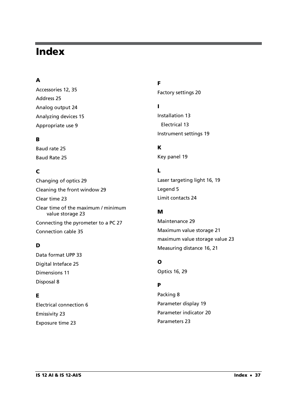 Index | LumaSense Technologies IS 12-Al/S User Manual | Page 37 / 38