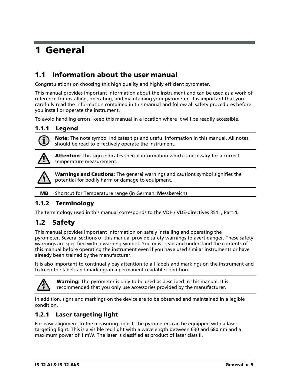 1 general, 1 information about the user manual, 1 legend | 2 terminology, 2 safety, 1 laser targeting light | LumaSense Technologies IS 12-Al/S User Manual | Page 5 / 38