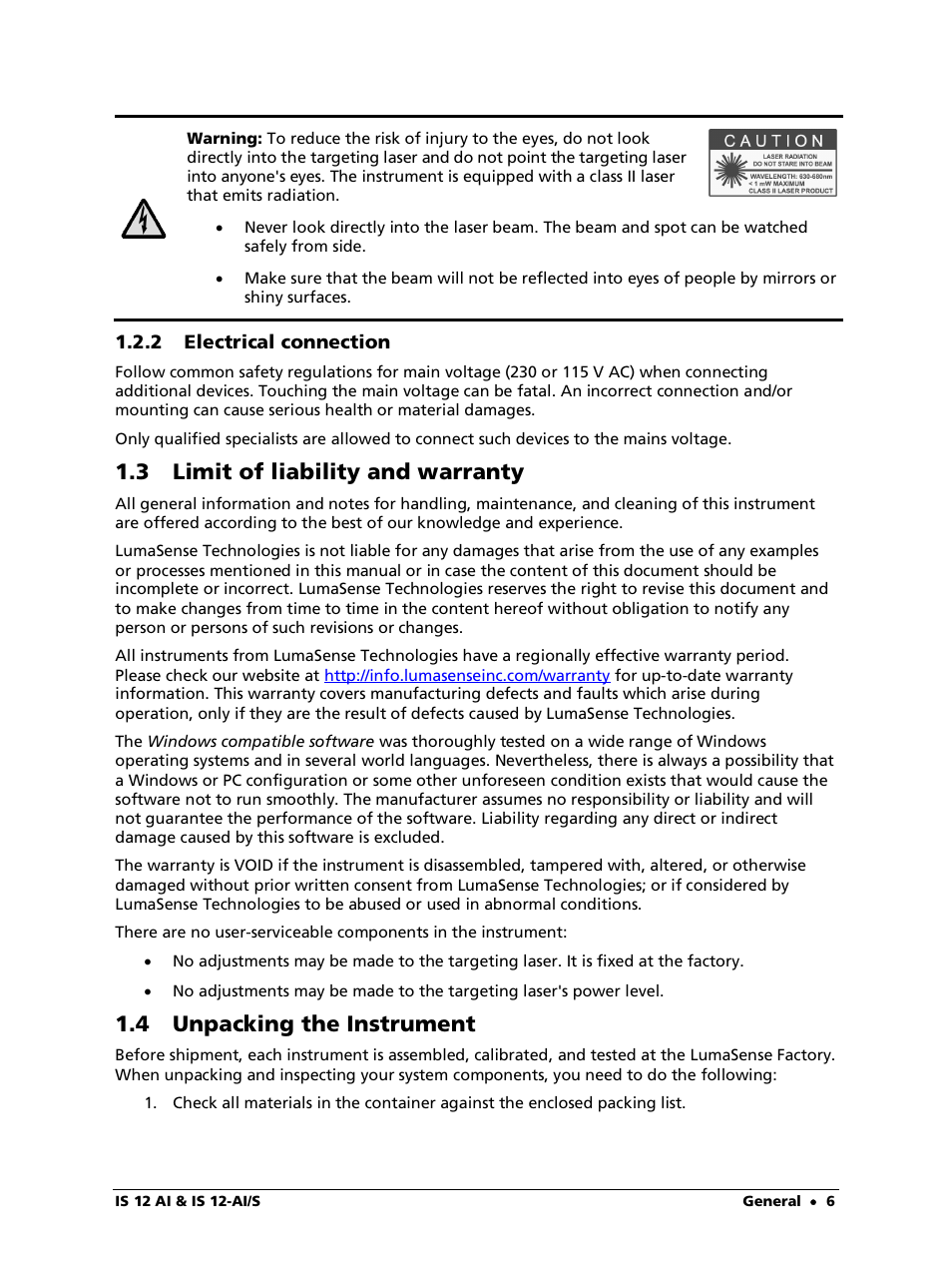 2 electrical connection, 3 limit of liability and warranty, 4 unpacking the instrument | LumaSense Technologies IS 12-Al/S User Manual | Page 6 / 38