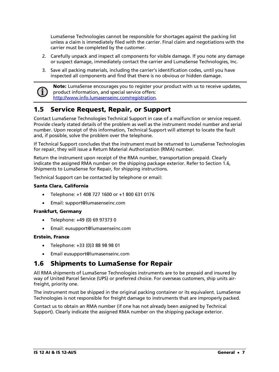 5 service request, repair, or support, 6 shipments to lumasense for repair | LumaSense Technologies IS 12-Al/S User Manual | Page 7 / 38