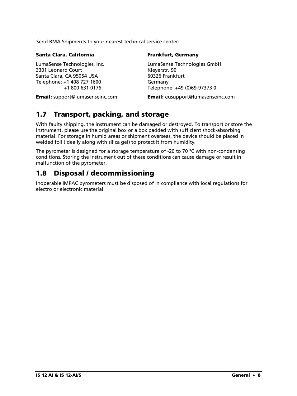 7 transport, packing, and storage, 8 disposal / decommissioning | LumaSense Technologies IS 12-Al/S User Manual | Page 8 / 38