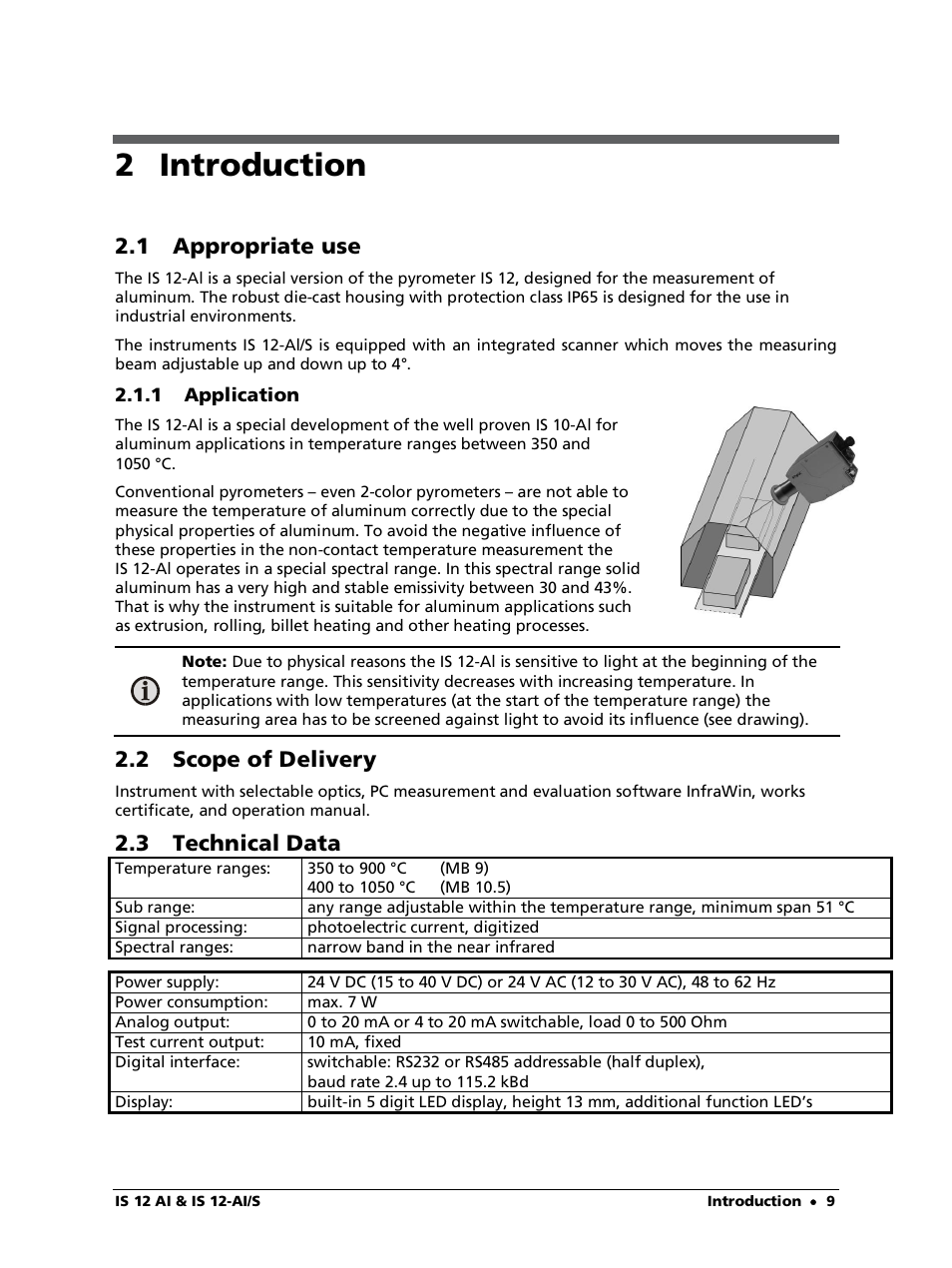 2 introduction, 1 appropriate use, 1 application | 2 scope of delivery, 3 technical data | LumaSense Technologies IS 12-Al/S User Manual | Page 9 / 38