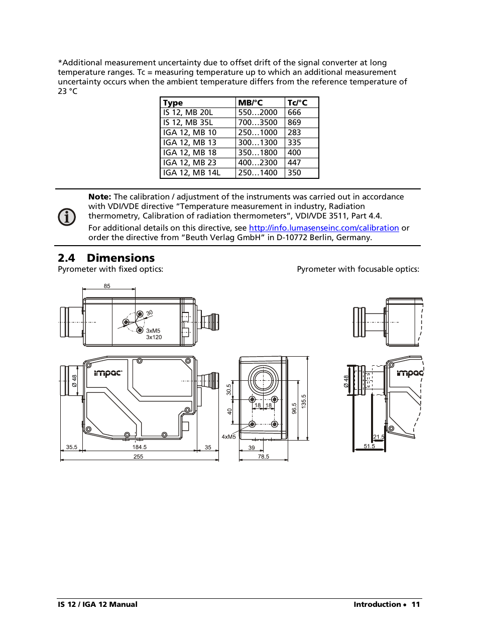 4 dimensions | LumaSense Technologies IS 12-S User Manual | Page 11 / 40