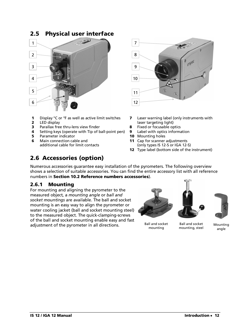 5 physical user interface, 6 accessories (option), 1 mounting | LumaSense Technologies IS 12-S User Manual | Page 12 / 40