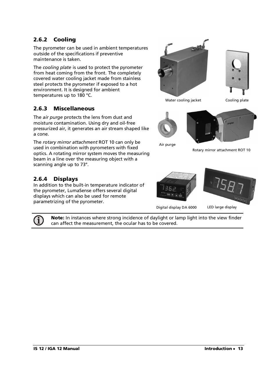 2 cooling, 3 miscellaneous, 4 displays | LumaSense Technologies IS 12-S User Manual | Page 13 / 40