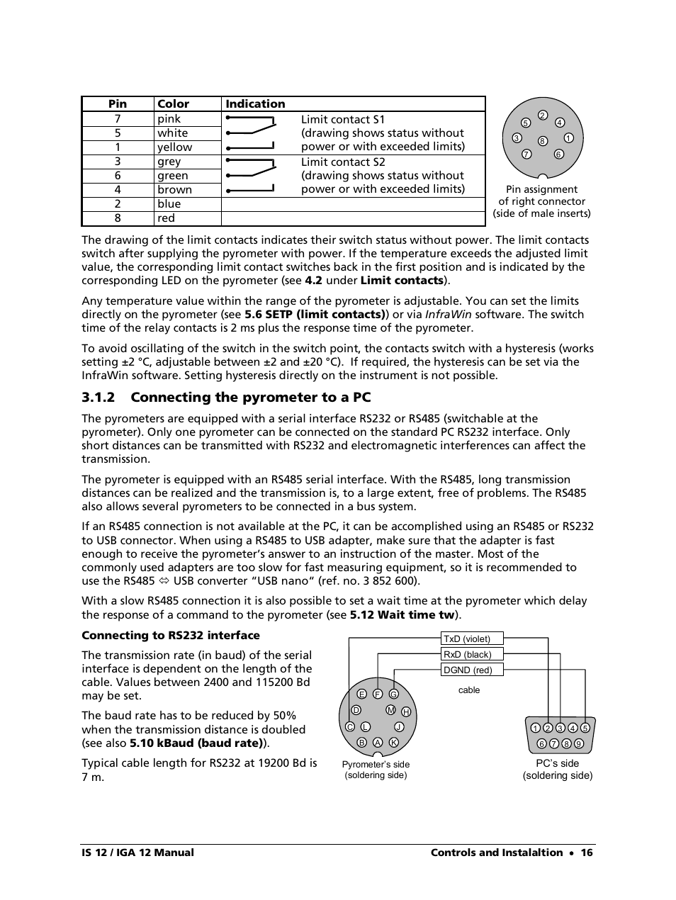 2 connecting the pyrometer to a pc, Connecting to rs232 interface | LumaSense Technologies IS 12-S User Manual | Page 16 / 40