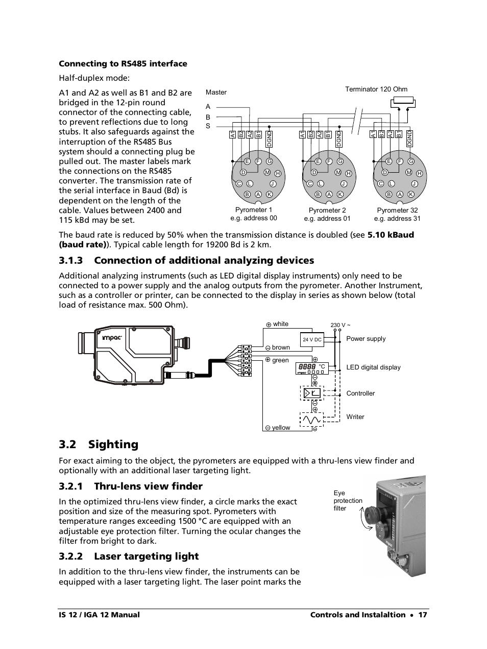 Connecting to rs485 interface, 3 connection of additional analyzing devices, 2 sighting | 1 thru-lens view finder, 2 laser targeting light | LumaSense Technologies IS 12-S User Manual | Page 17 / 40