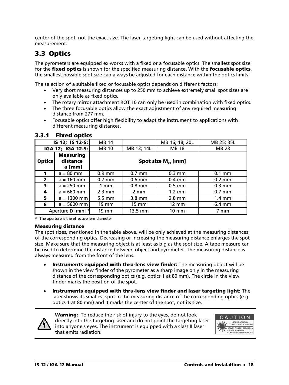 3 optics, 1 fixed optics, Measuring distance | LumaSense Technologies IS 12-S User Manual | Page 18 / 40