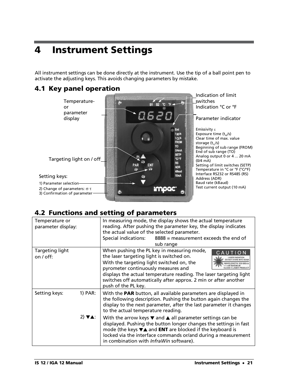 4 instrument settings, 1 key panel operation, 2 functions and setting of parameters | LumaSense Technologies IS 12-S User Manual | Page 21 / 40