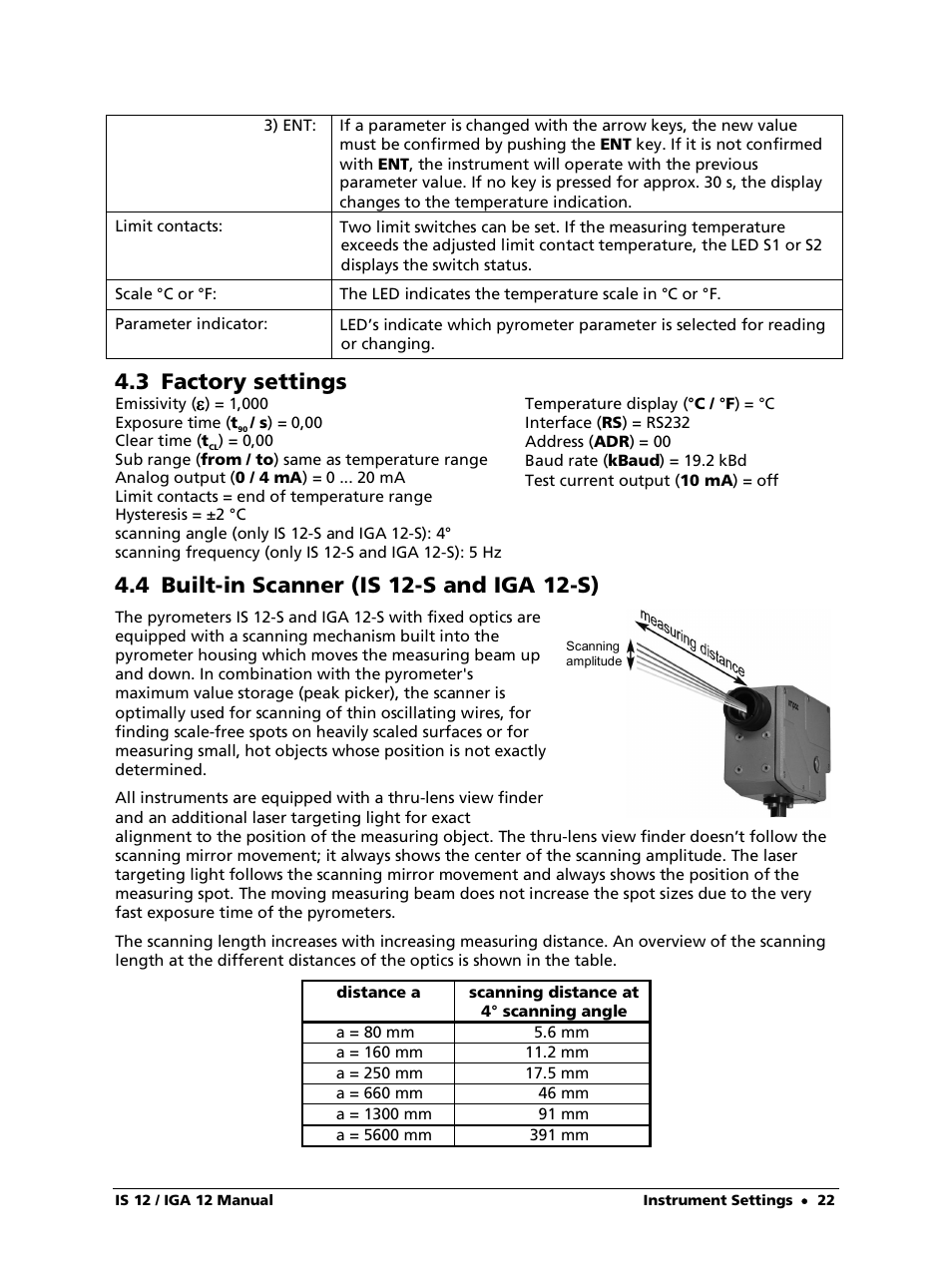 3 factory settings, 4 built-in scanner (is 12-s and iga 12-s) | LumaSense Technologies IS 12-S User Manual | Page 22 / 40