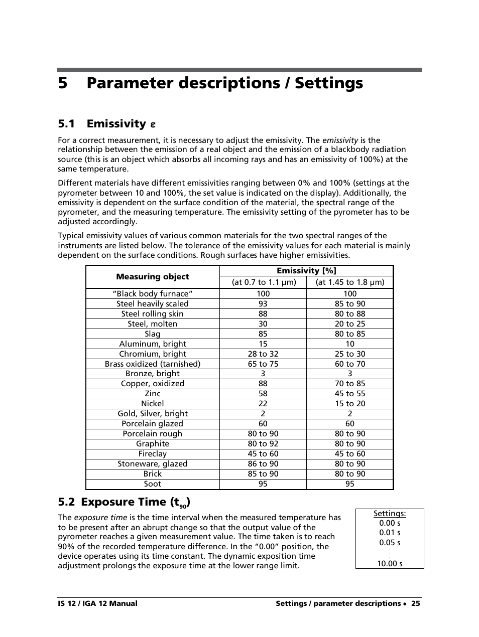 5 parameter descriptions / settings, 1 emissivity ε, 2 exposure time (t90) | 1 emissivity, 2 exposure time (t | LumaSense Technologies IS 12-S User Manual | Page 25 / 40