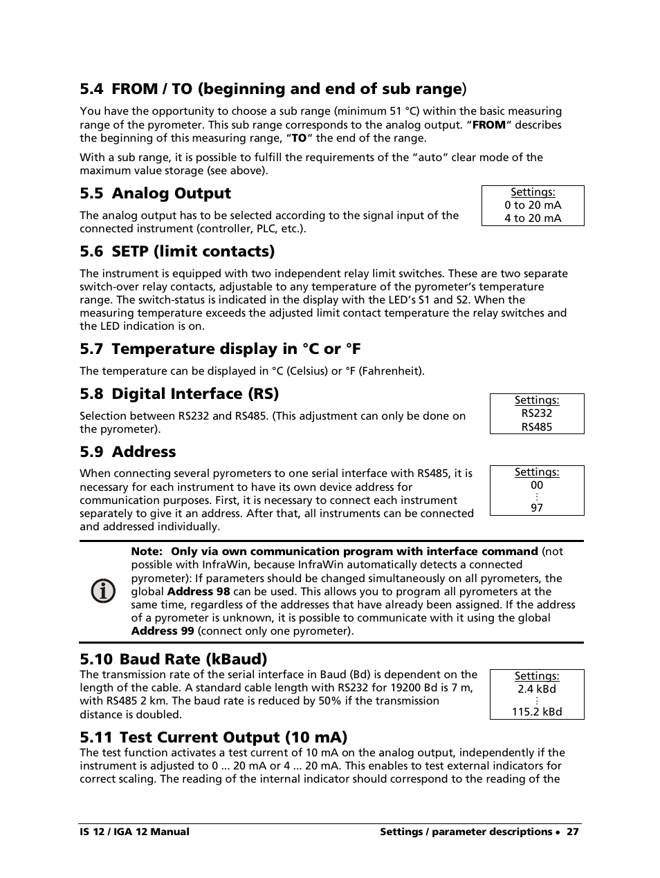 4 from / to (beginning and end of sub range), 5 analog output, 6 setp (limit contacts) | 7 temperature display in °c or °f, 8 digital interface (rs), 9 address, 10 baud rate (kbaud), 11 test current output (10 ma) | LumaSense Technologies IS 12-S User Manual | Page 27 / 40