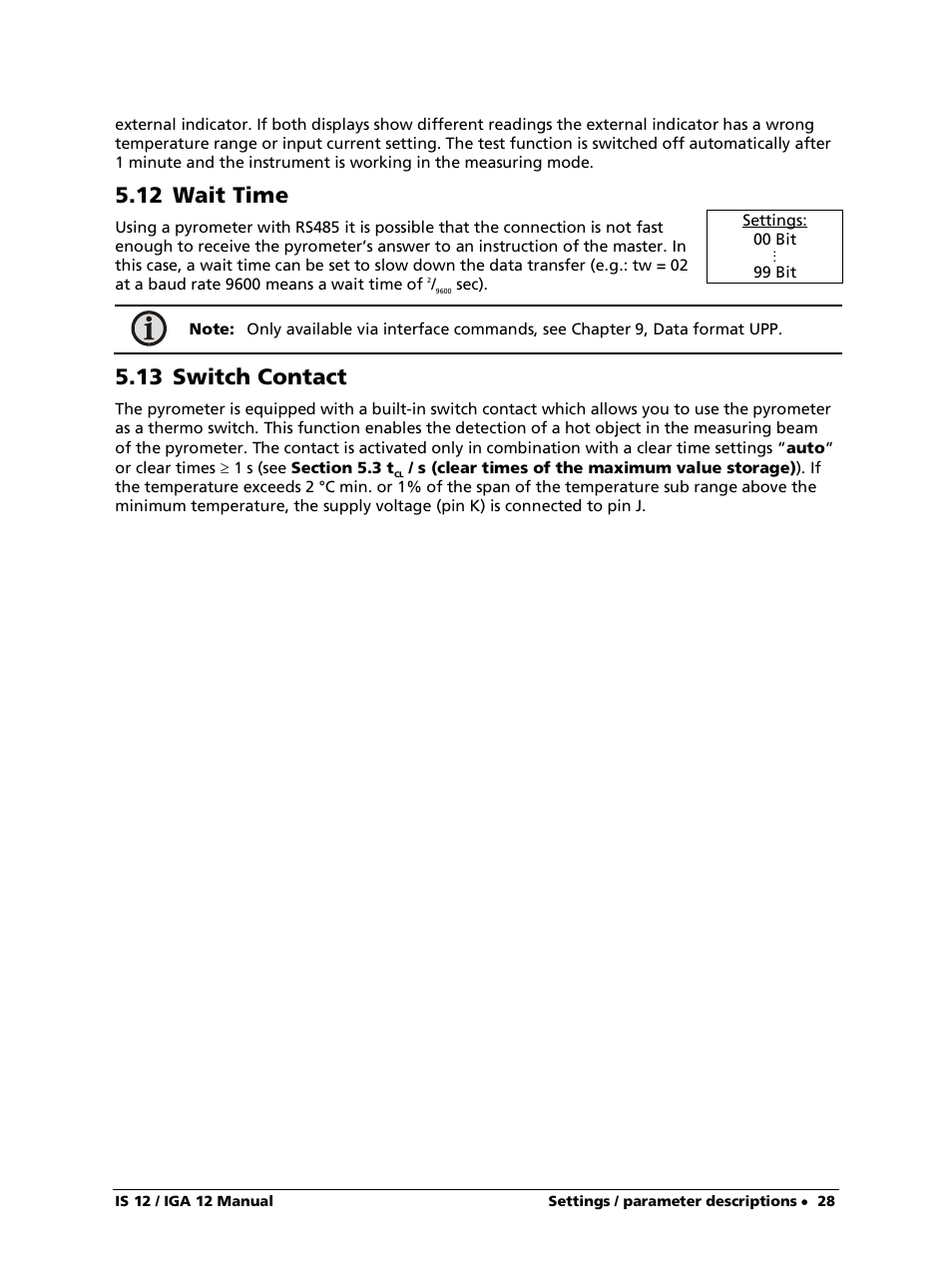 12 wait time, 13 switch contact | LumaSense Technologies IS 12-S User Manual | Page 28 / 40