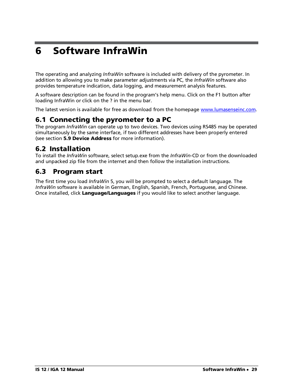 6 software infrawin, 1 connecting the pyrometer to a pc, 2 installation | 3 program start | LumaSense Technologies IS 12-S User Manual | Page 29 / 40