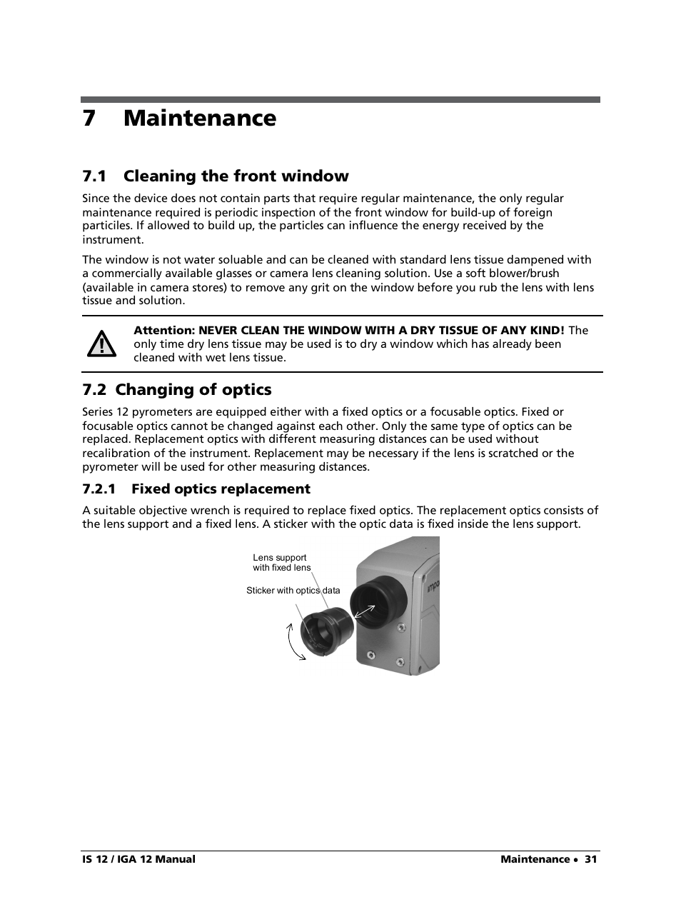 7 maintenance, 1 cleaning the front window, 2 changing of optics | 1 fixed optics replacement | LumaSense Technologies IS 12-S User Manual | Page 31 / 40