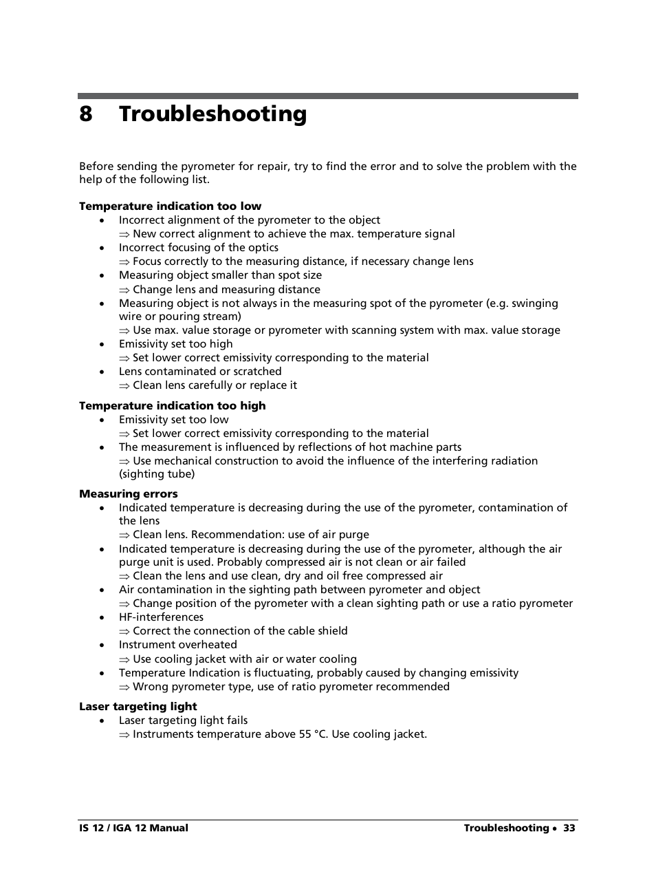 8 troubleshooting | LumaSense Technologies IS 12-S User Manual | Page 33 / 40