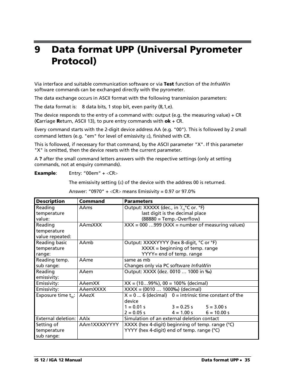 9 data format upp (universal pyrometer protocol) | LumaSense Technologies IS 12-S User Manual | Page 35 / 40