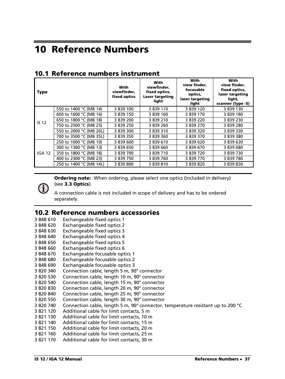 10 reference numbers, 1 reference numbers instrument, 2 reference numbers accessories | LumaSense Technologies IS 12-S User Manual | Page 37 / 40