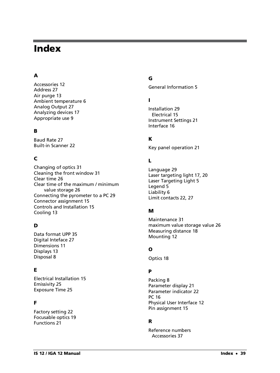 Index | LumaSense Technologies IS 12-S User Manual | Page 39 / 40