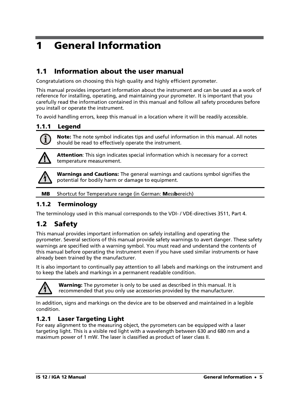 1 general information, 1 information about the user manual, 1 legend | 2 terminology, 2 safety, 1 laser targeting light | LumaSense Technologies IS 12-S User Manual | Page 5 / 40