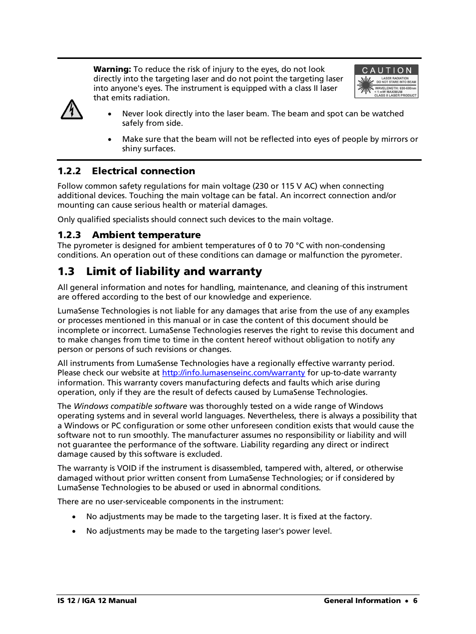 2 electrical connection, 3 ambient temperature, 3 limit of liability and warranty | LumaSense Technologies IS 12-S User Manual | Page 6 / 40