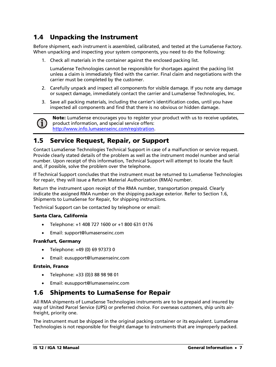 4 unpacking the instrument, 5 service request, repair, or support, 6 shipments to lumasense for repair | LumaSense Technologies IS 12-S User Manual | Page 7 / 40