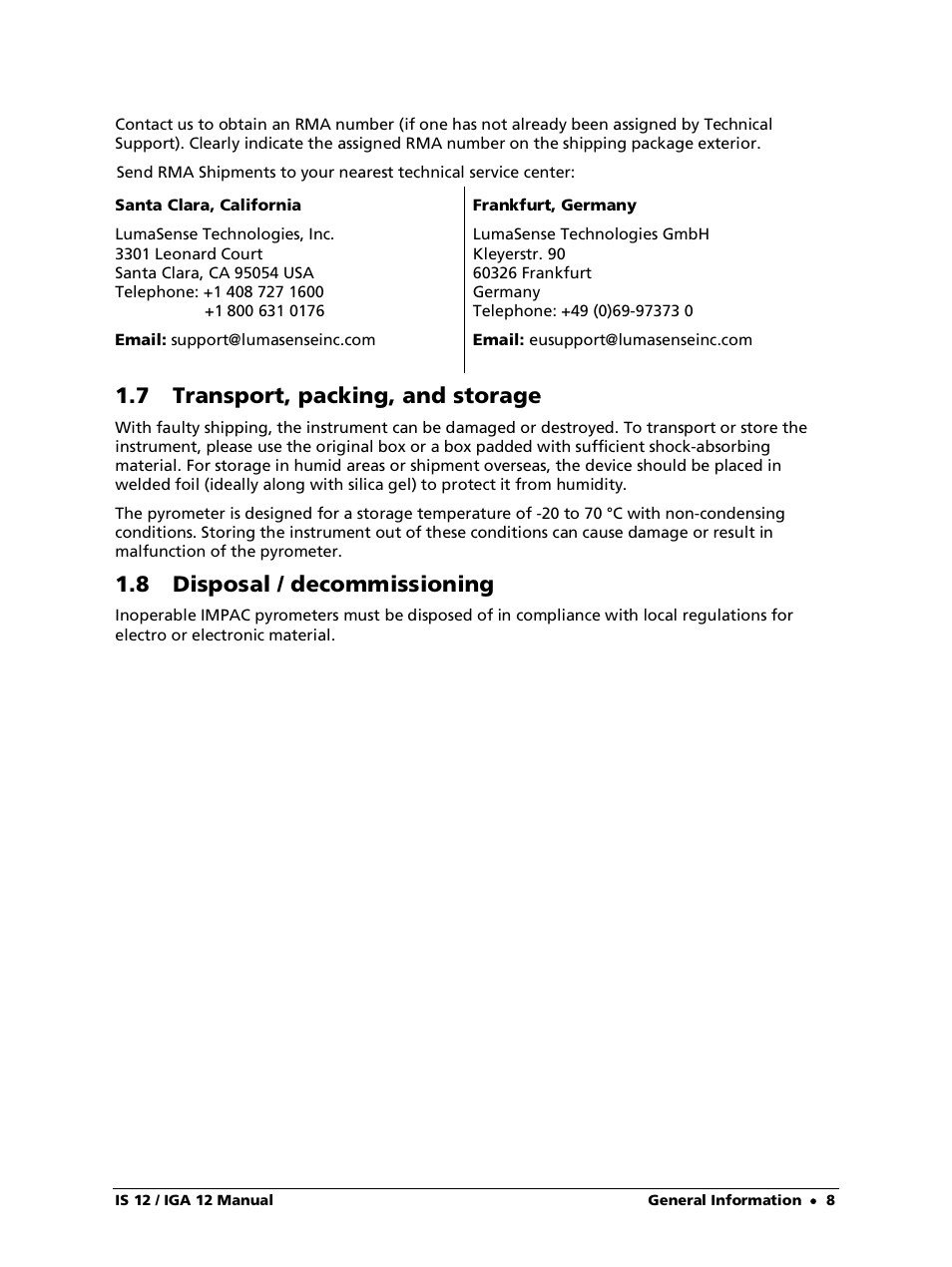 7 transport, packing, and storage, 8 disposal / decommissioning | LumaSense Technologies IS 12-S User Manual | Page 8 / 40