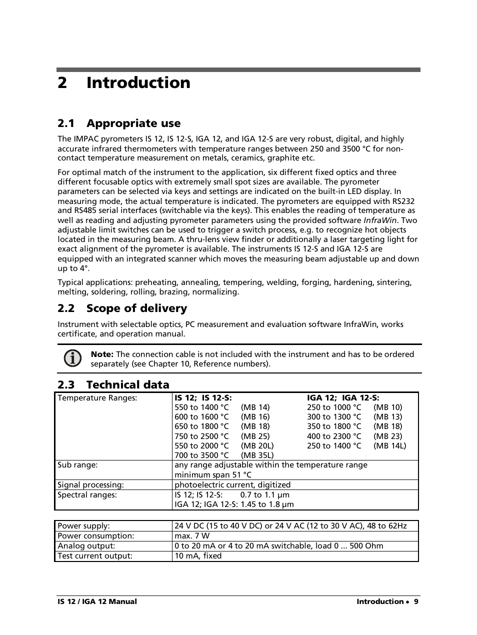 2 introduction, 1 appropriate use, 2 scope of delivery | 3 technical data | LumaSense Technologies IS 12-S User Manual | Page 9 / 40